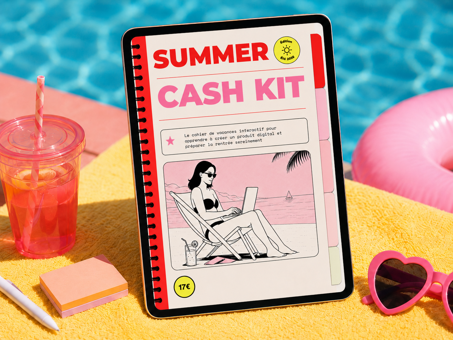 Mockup du cahier Summer Cash Kit sur tablette au bord d'une piscine